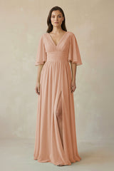 Half Sleeve V - Neck A - Line Chiffon Bridesmaid Gown in Champagne Rose - KISS BRIDAL Bridesmaid Dresses