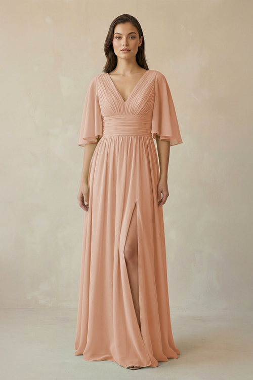 Half Sleeve V - Neck A - Line Chiffon Bridesmaid Gown in Champagne Rose - SHE IS ME Bridesmaid Dresses