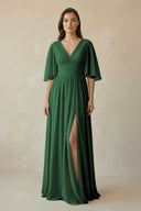 Half Sleeve V - Neck A - Line Chiffon Bridesmaid Gown in Dark Green - SHE IS ME Bridesmaid Dresses