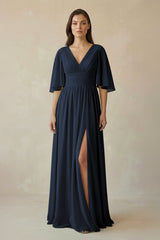 Half Sleeve V - Neck A - Line Chiffon Bridesmaid Gown in Dark Navy - KISS BRIDAL Bridesmaid Dresses