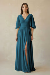 Half Sleeve V - Neck A - Line Chiffon Bridesmaid Gown in Dark Teal - KISS BRIDAL Bridesmaid Dresses