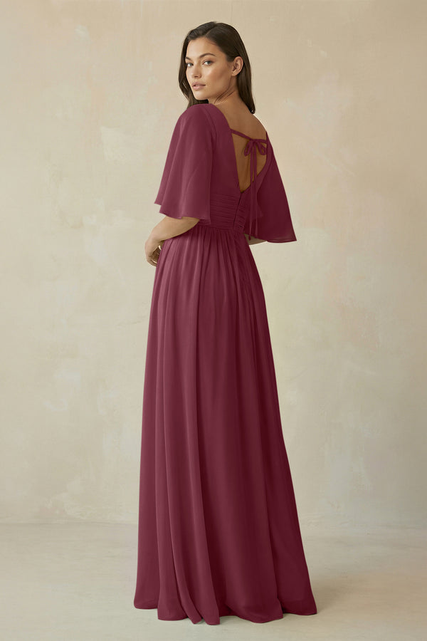 Half Sleeve V-Neck A-Line Chiffon Bridesmaid Gown in Desert Rose (2) | KISSBRIDAL