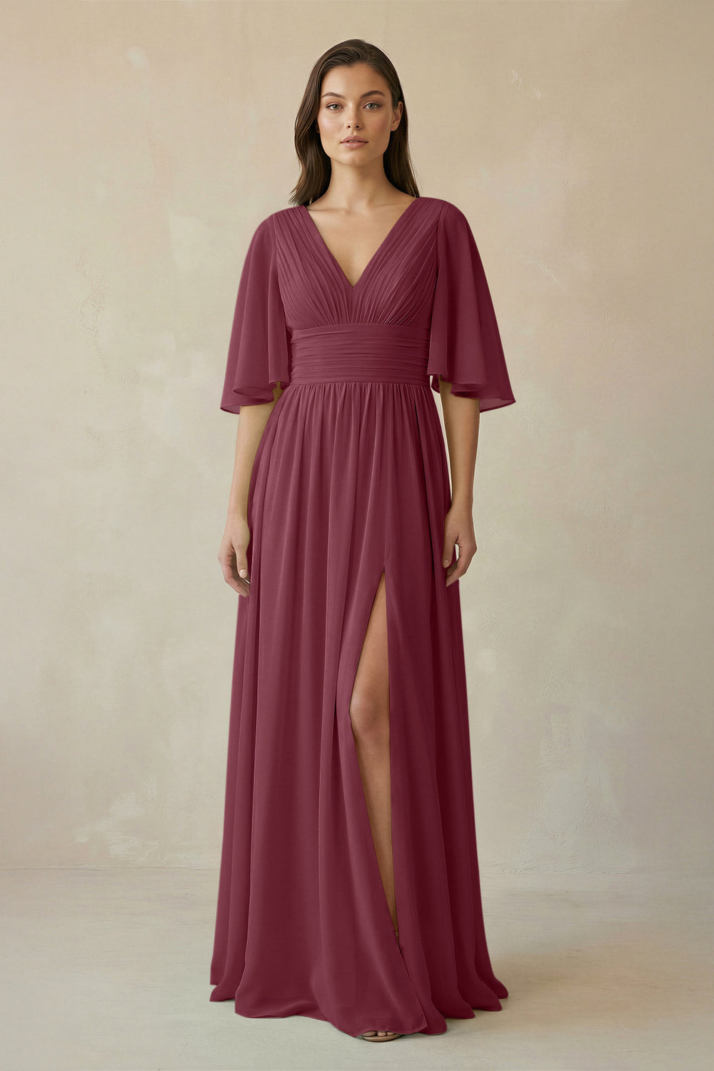 Half Sleeve V-Neck A-Line Chiffon Bridesmaid Gown in Desert Rose