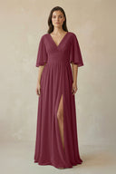 Half Sleeve V-Neck A-Line Chiffon Bridesmaid Gown in Desert Rose | KISSBRIDAL