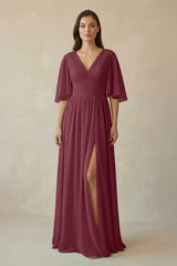 Half Sleeve V-Neck A-Line Chiffon Bridesmaid Gown in Desert Rose | KISSBRIDAL