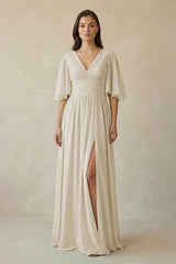 Half Sleeve V - Neck A - Line Chiffon Bridesmaid Gown in Dove Gray - KISS BRIDAL Bridesmaid Dresses