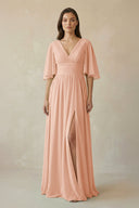 Half Sleeve V - Neck A - Line Chiffon Bridesmaid Gown in English Rose - KISS BRIDAL Bridesmaid Dresses