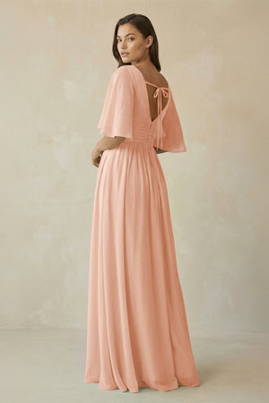 Half Sleeve V - Neck A - Line Chiffon Bridesmaid Gown in English Rose - KISS BRIDAL Bridesmaid Dresses