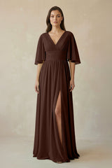 Half Sleeve V - Neck A - Line Chiffon Bridesmaid Gown in Espresso - KISS BRIDAL Bridesmaid Dresses