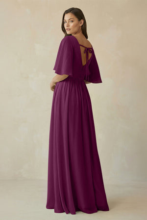 Half Sleeve V - Neck A - Line Chiffon Bridesmaid Gown in Fig - KISS BRIDAL Bridesmaid Dresses