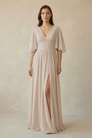 Half Sleeve V - Neck A - Line Chiffon Bridesmaid Gown in Frost - SHE IS ME Bridesmaid Dresses