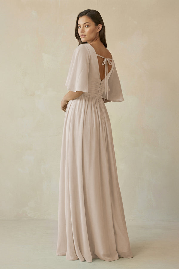 Half Sleeve V - Neck A - Line Chiffon Bridesmaid Gown in Frost - SHE IS ME Bridesmaid Dresses