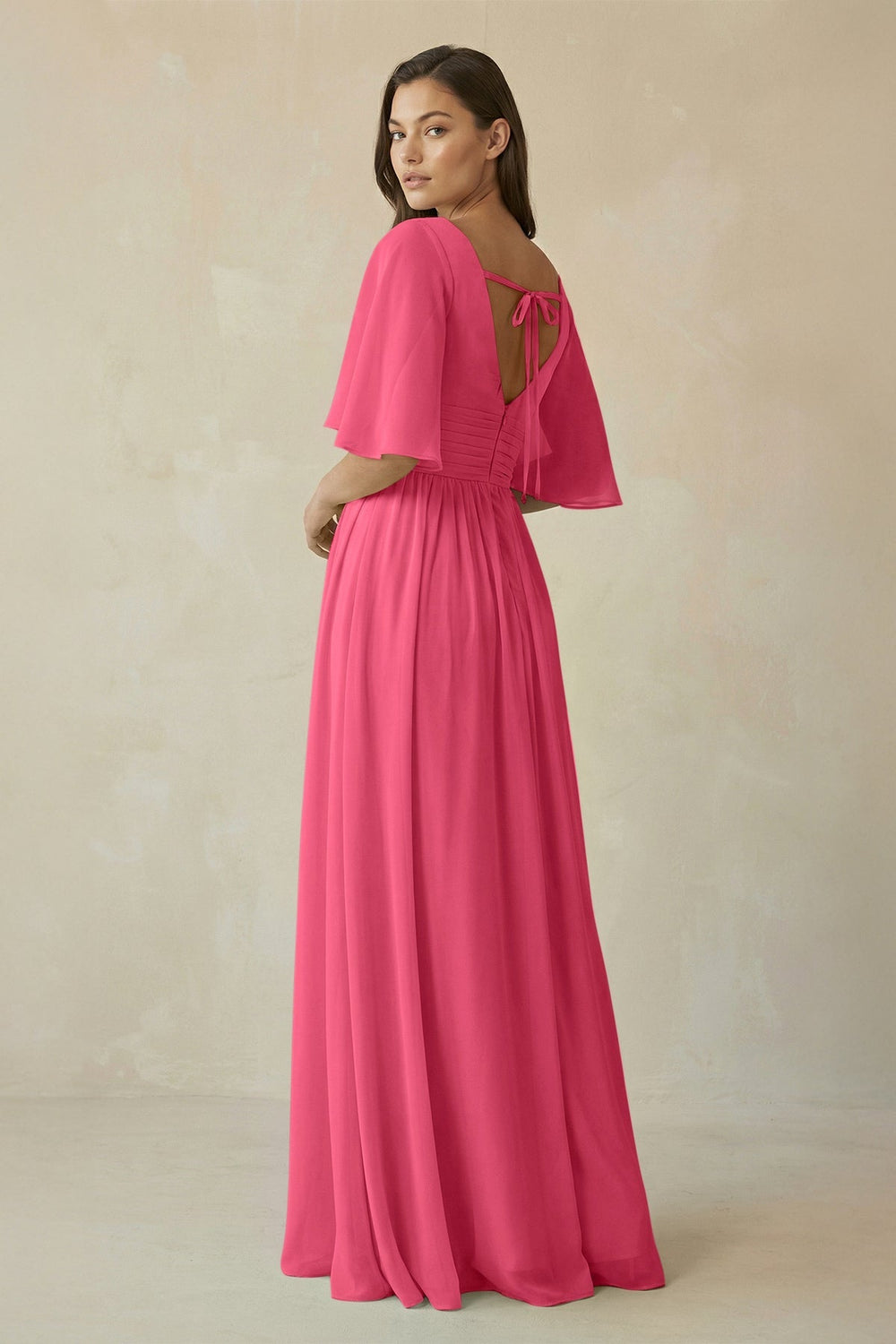 Half Sleeve V - Neck A - Line Chiffon Bridesmaid Gown in Fuchsia - SHE IS ME Bridesmaid Dresses