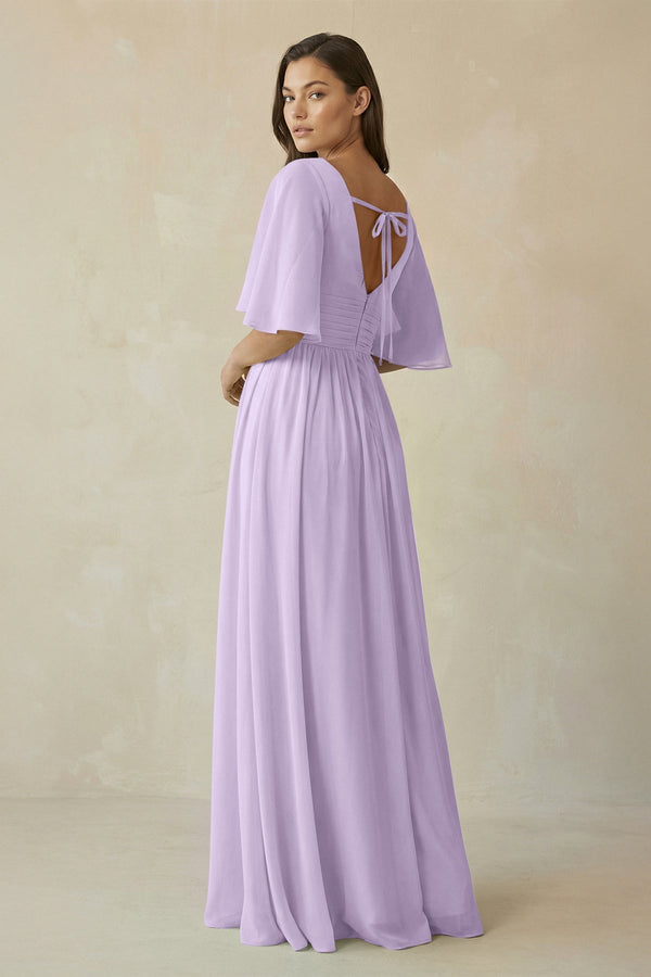 Half Sleeve V - Neck A - Line Chiffon Bridesmaid Gown in Lavender - KISS BRIDAL Bridesmaid Dresses