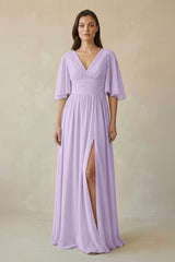 Half Sleeve V - Neck A - Line Chiffon Bridesmaid Gown in Lavender - KISS BRIDAL Bridesmaid Dresses