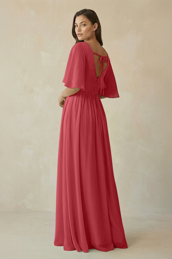 Half Sleeve V - Neck A - Line Chiffon Bridesmaid Gown in Merlot - SHE IS ME Bridesmaid Dresses