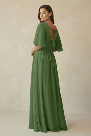 Half Sleeve V - Neck A - Line Chiffon Bridesmaid Gown in Moss - SHE IS ME Bridesmaid Dresses