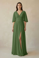 Half Sleeve V - Neck A - Line Chiffon Bridesmaid Gown in Moss - SHE IS ME Bridesmaid Dresses