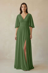 Half Sleeve V - Neck A - Line Chiffon Bridesmaid Gown in Moss - KISS BRIDAL Bridesmaid Dresses