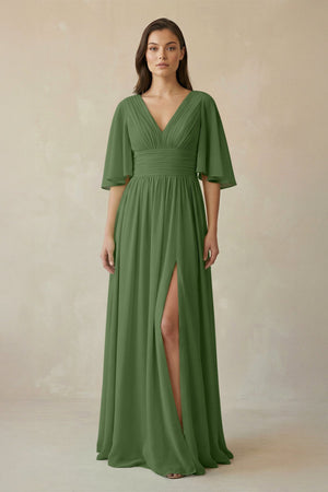 Half Sleeve V - Neck A - Line Chiffon Bridesmaid Gown in Moss - SHE IS ME Bridesmaid Dresses