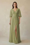 Half Sleeve V - Neck A - Line Chiffon Bridesmaid Gown in Moss Green - SHE IS ME Bridesmaid Dresses