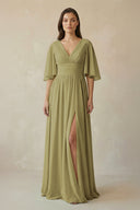Half Sleeve V-Neck A-Line Chiffon Bridesmaid Gown in Moss Green | KISSBRIDAL