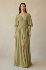 Half Sleeve V-Neck A-Line Chiffon Bridesmaid Gown in Moss Green | KISSBRIDAL