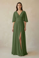 Half Sleeve V-Neck A-Line Chiffon Bridesmaid Gown in Moss | KISSBRIDAL