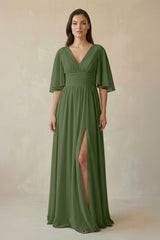 Half Sleeve V-Neck A-Line Chiffon Bridesmaid Gown in Moss | KISSBRIDAL