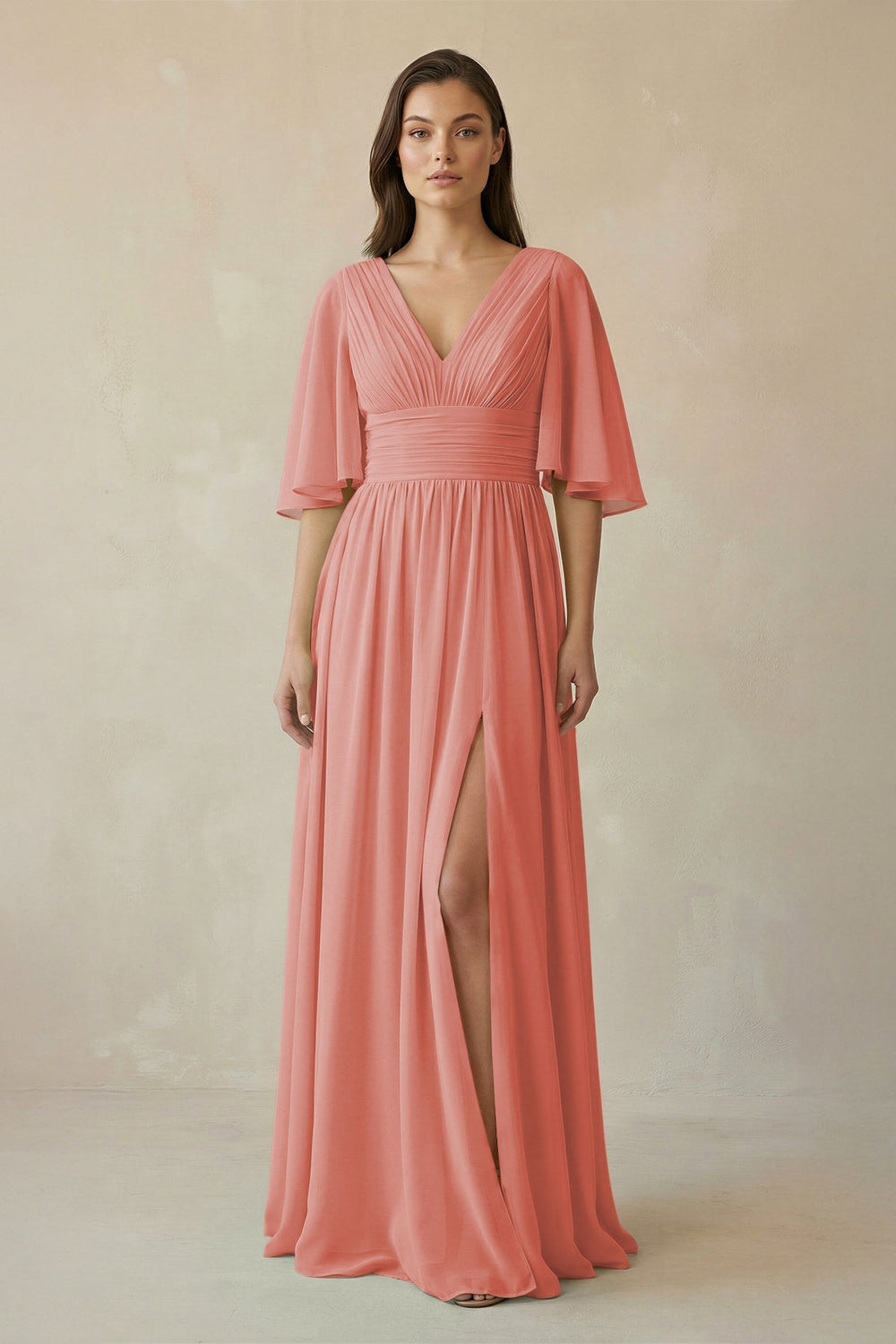 Half Sleeve V - Neck A - Line Chiffon Bridesmaid Gown in Mulberry - SHE IS ME Bridesmaid Dresses