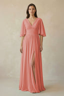 Half Sleeve V - Neck A - Line Chiffon Bridesmaid Gown in Mulberry - SHE IS ME Bridesmaid Dresses