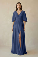 Half Sleeve V - Neck A - Line Chiffon Bridesmaid Gown in Navy - SHE IS ME Bridesmaid Dresses