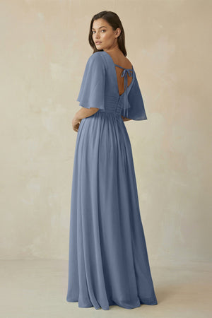 Half Sleeve V - Neck A - Line Chiffon Bridesmaid Gown in Neptune - SHE IS ME Bridesmaid Dresses