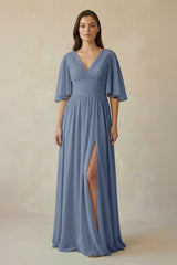 Half Sleeve V - Neck A - Line Chiffon Bridesmaid Gown in Neptune - KISS BRIDAL Bridesmaid Dresses