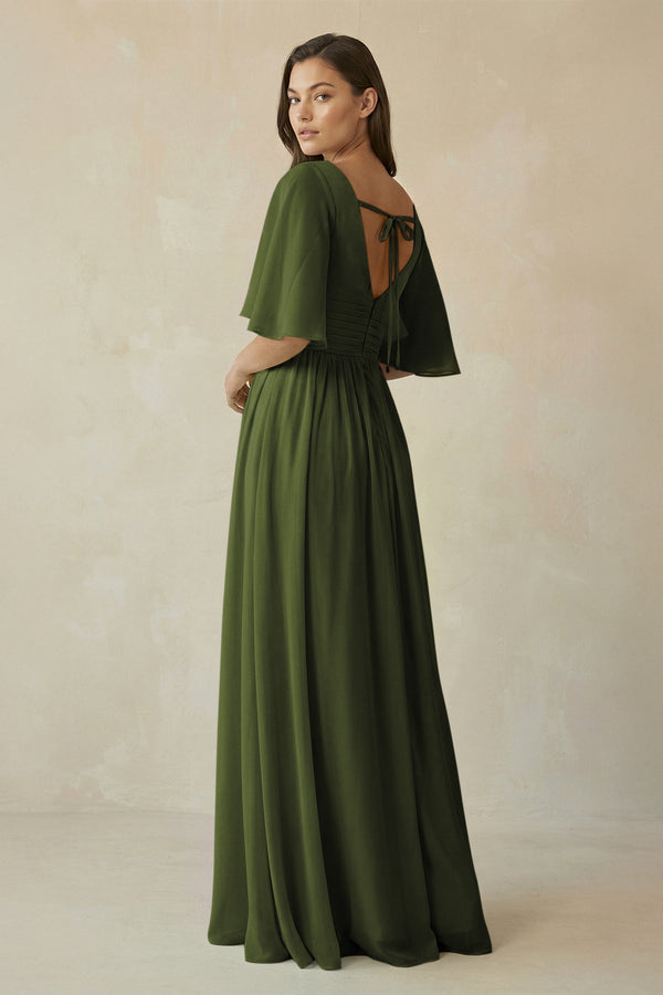 Half Sleeve V - Neck A - Line Chiffon Bridesmaid Gown in Olive - SHE IS ME Bridesmaid Dresses