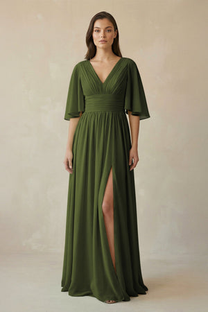 Half Sleeve V - Neck A - Line Chiffon Bridesmaid Gown in Olive - SHE IS ME Bridesmaid Dresses