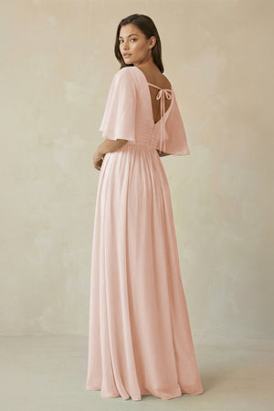 Half Sleeve V - Neck A - Line Chiffon Bridesmaid Gown in Pale Blush - KISS BRIDAL Bridesmaid Dresses