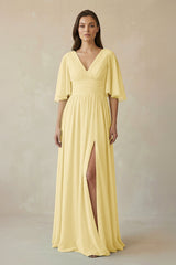 Half Sleeve V - Neck A - Line Chiffon Bridesmaid Gown in Pastel Yellow - KISS BRIDAL Bridesmaid Dresses
