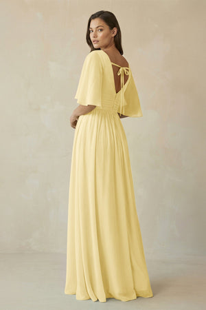 Half Sleeve V - Neck A - Line Chiffon Bridesmaid Gown in Pastel Yellow - KISS BRIDAL Bridesmaid Dresses