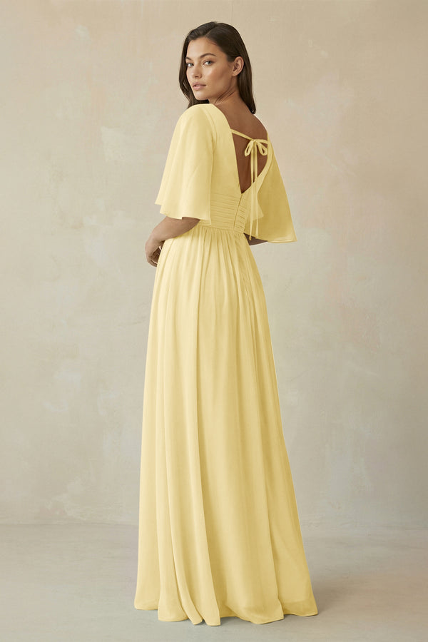 Half Sleeve V - Neck A - Line Chiffon Bridesmaid Gown in Pastel Yellow - KISS BRIDAL Bridesmaid Dresses