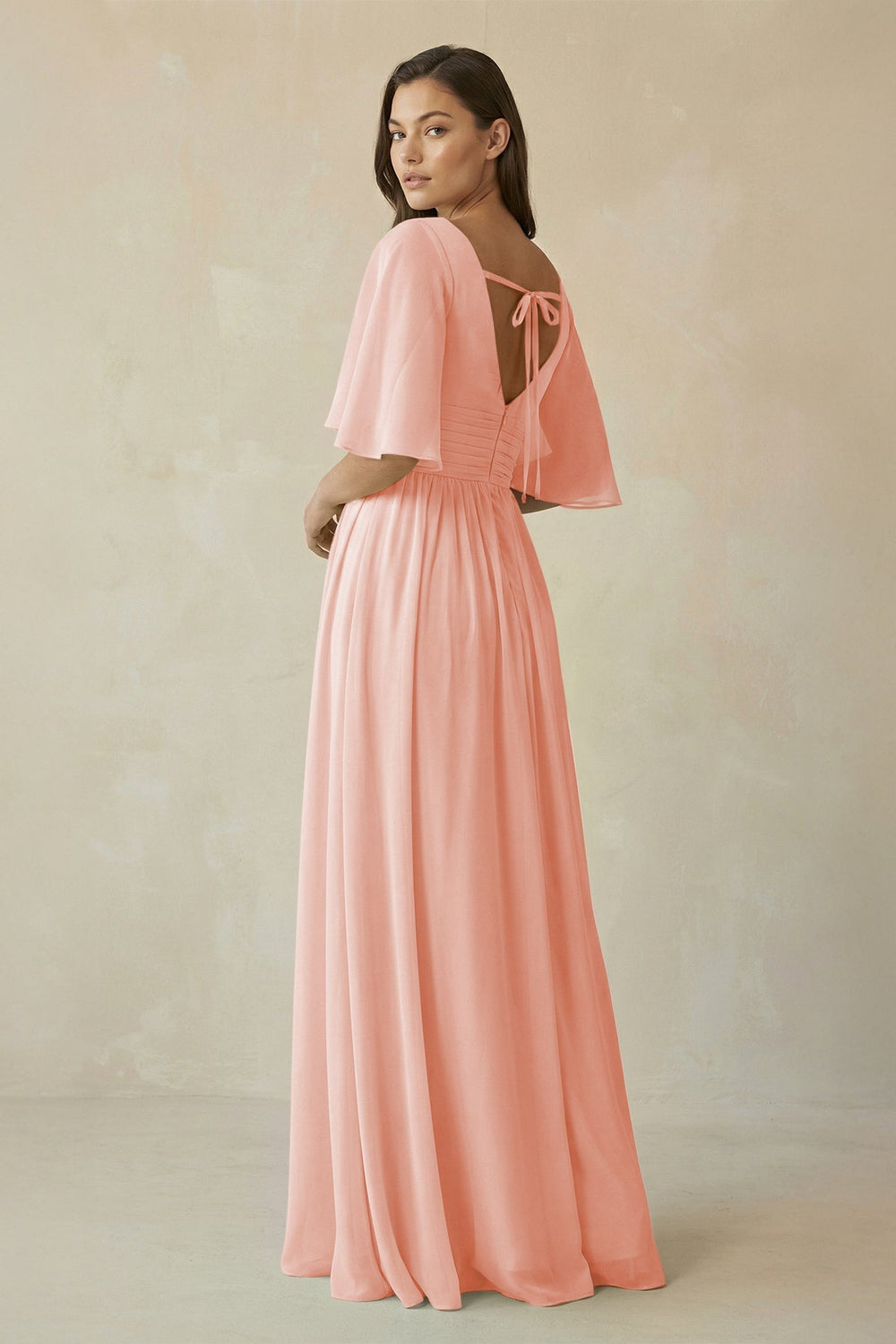 Half Sleeve V - Neck A - Line Chiffon Bridesmaid Gown in Rose Petal - SHE IS ME Bridesmaid Dresses