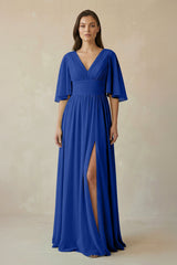Half Sleeve V - Neck A - Line Chiffon Bridesmaid Gown in Royal Blue - KISS BRIDAL Bridesmaid Dresses