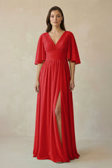 Half Sleeve V - Neck A - Line Chiffon Bridesmaid Gown in Ruby Red - KISS BRIDAL Bridesmaid Dresses