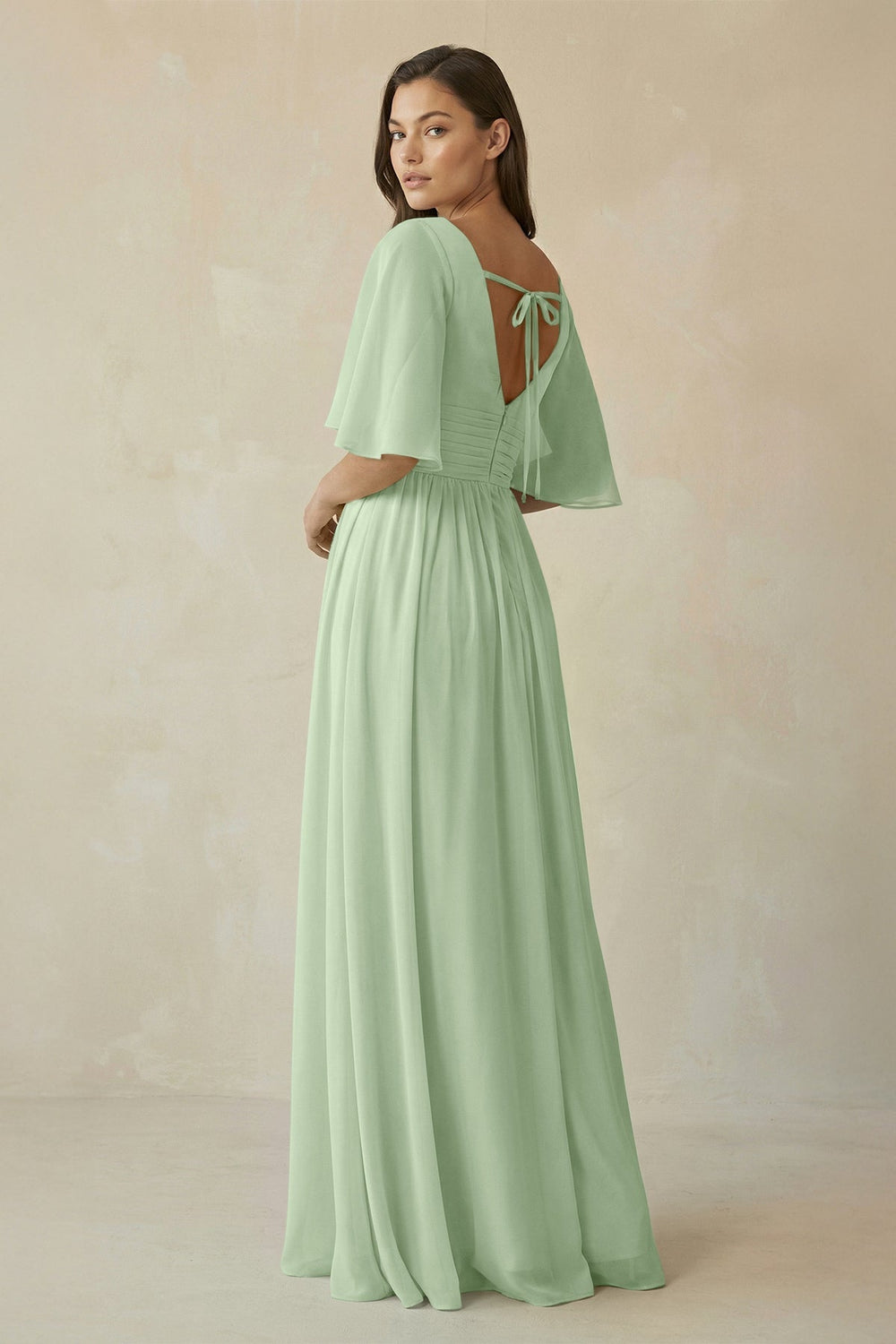 Half Sleeve V - Neck A - Line Chiffon Bridesmaid Gown in Sage - SHE IS ME Bridesmaid Dresses