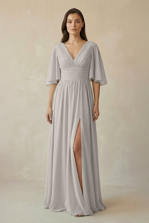 Half Sleeve V - Neck A - Line Chiffon Bridesmaid Gown in Silver - KISS BRIDAL Bridesmaid Dresses