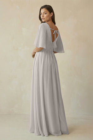 Half Sleeve V - Neck A - Line Chiffon Bridesmaid Gown in Silver - KISS BRIDAL Bridesmaid Dresses
