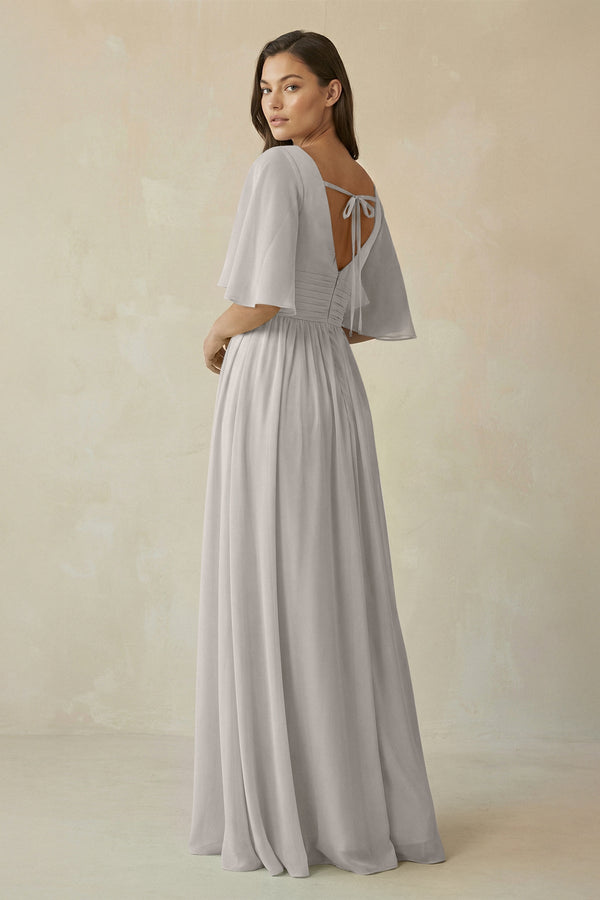 Half Sleeve V - Neck A - Line Chiffon Bridesmaid Gown in Silver - KISS BRIDAL Bridesmaid Dresses