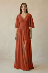 Half Sleeve V - Neck A - Line Chiffon Bridesmaid Gown in Spice - KISS BRIDAL Bridesmaid Dresses