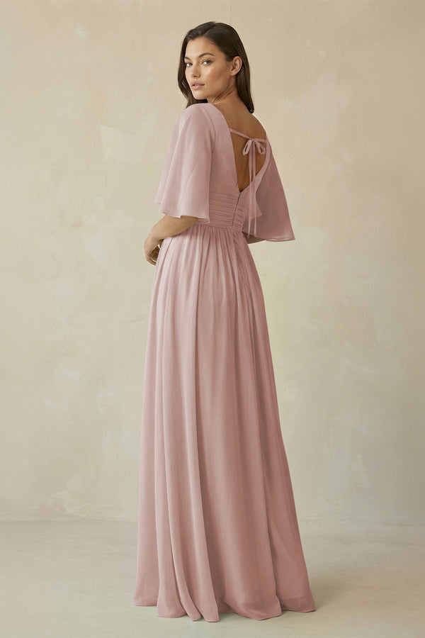 Half Sleeve V - Neck A - Line Chiffon Bridesmaid Gown in Toffee - SHE IS ME Bridesmaid Dresses