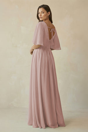 Half Sleeve V-Neck A-Line Chiffon Bridesmaid Gown in Toffee (2) | KISSBRIDAL